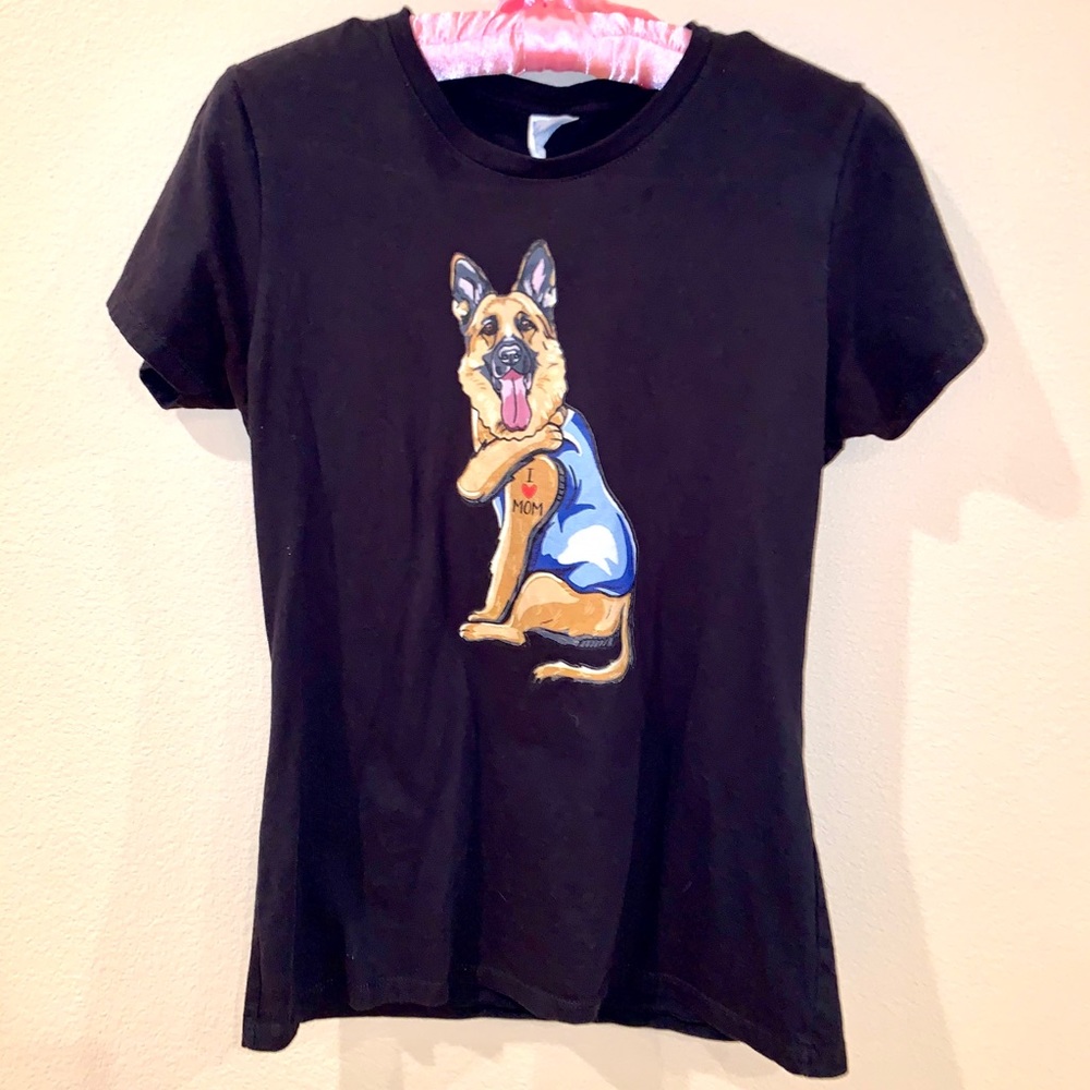 German Shepherd, “I love Mom” tattoo t-shirt